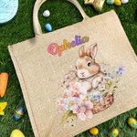 Personalized Cute Bunny Bouquet Pattern Jute Burlap Tote Bag with Name Easter Birthday Gift for Kids