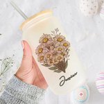 Bouteille Personnalisée avec Bouquet de Fleurs de Naissance Verre avec Couvercle en Bambou et Paille Cadeau Anniversaire Fête pour Femme