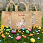Personalized Cute Bunny Bouquet Pattern Jute Burlap Tote Bag with Name Easter Birthday Gift for Kids
