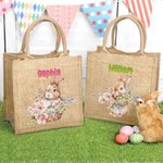 Personalized Cute Bunny Bouquet Pattern Jute Burlap Tote Bag with Name Easter Birthday Gift for Kids