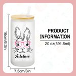 Verre Givré avec et Paille et Couvercle en Bambou Bouteille Personnalisée avec Nom et Motif Lapin Cadeau d'Anniversaire de Pâques pour Enfants
