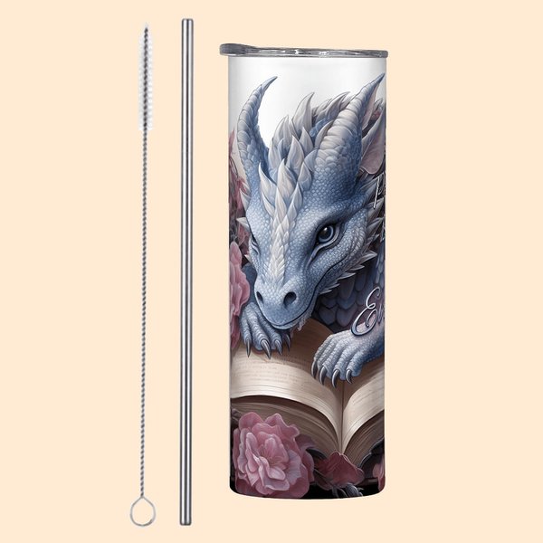 Livre floral personnalisé Dragon 20oz Skinny Tumbler avec paille et brosse de nettoyage Tasse à café portable Cadeau d'anniversaire pour les lecteurs 
