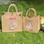 Personalized Cute Bunny Bouquet Pattern Jute Burlap Tote Bag with Name Easter Birthday Gift for Kids