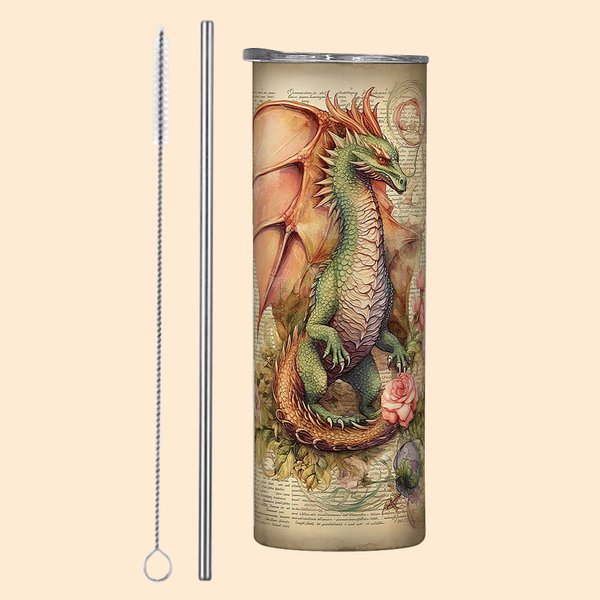 Livre Dragon Personnalisé 20oz Skinny Tumbler avec Couvercle Paille Brosse de Nettoyage Nom Tasse à Café Cadeau d'Anniversaire pour Lecteur Dragon Lov