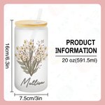 Bouteille Personnalisée avec Bouquet de Fleurs de Naissance Verre avec Couvercle en Bambou et Paille Cadeau Anniversaire Fête pour Femme