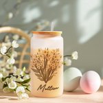 Bouteille Personnalisée avec Bouquet de Fleurs de Naissance Verre avec Couvercle en Bambou et Paille Cadeau Anniversaire Fête pour Femme