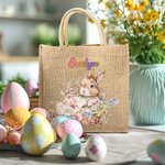 Personalized Cute Bunny Bouquet Pattern Jute Burlap Tote Bag with Name Easter Birthday Gift for Kids