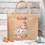 Personalized Cute Bunny Bouquet Pattern Jute Burlap Tote Bag with Name Easter Birthday Gift for Kids