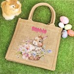 Personalized Cute Bunny Bouquet Pattern Jute Burlap Tote Bag with Name Easter Birthday Gift for Kids