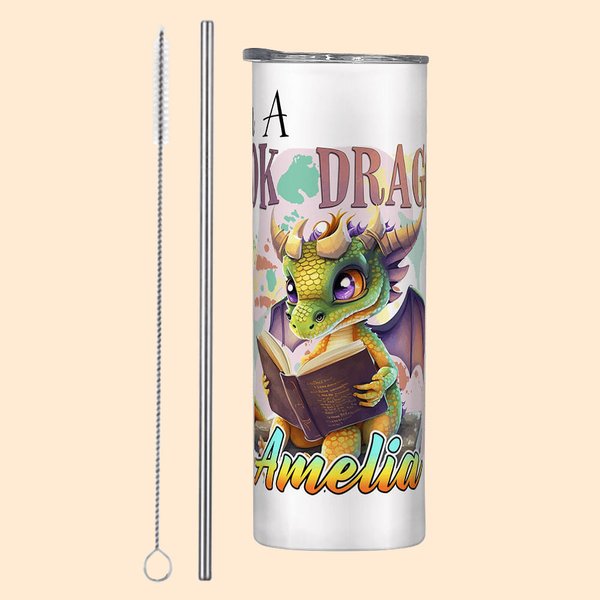 I Am Book Dragon 20oz Skinny Tumbler with Straw Cartoon Coffee Cup