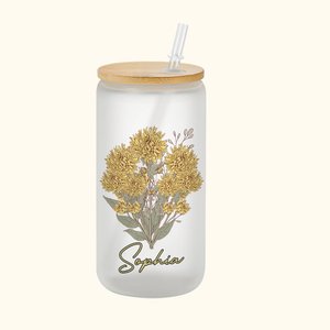 Bouteille Personnalisée avec Bouquet de Fleurs de Naissance Verre avec Couvercle en Bambou et Paille Cadeau Anniversaire Fête pour Femme