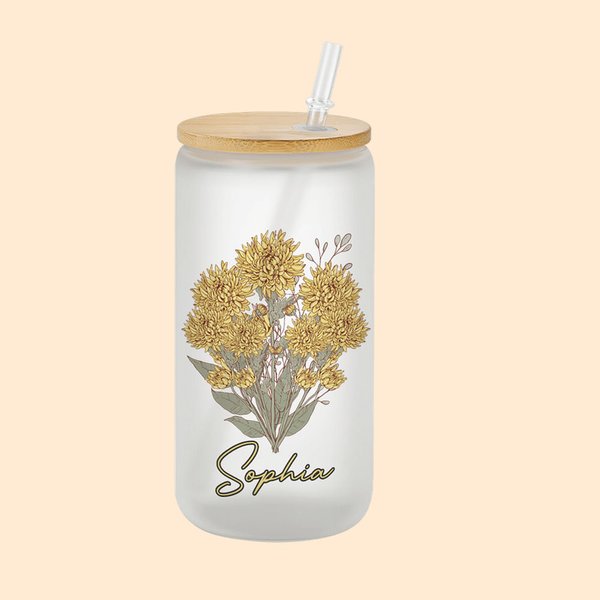 Bouteille Personnalisée avec Bouquet de Fleurs de Naissance Verre avec Couvercle en Bambou et Paille Cadeau Anniversaire Fête pour Femme