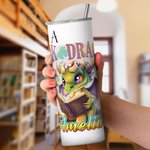 Personalised I Am Book Dragon 20oz Skinny Tumbler with Straw and Cleaning Brush Cartoon Coffee Cup Birthday Gift for Readers Dragon Lovers