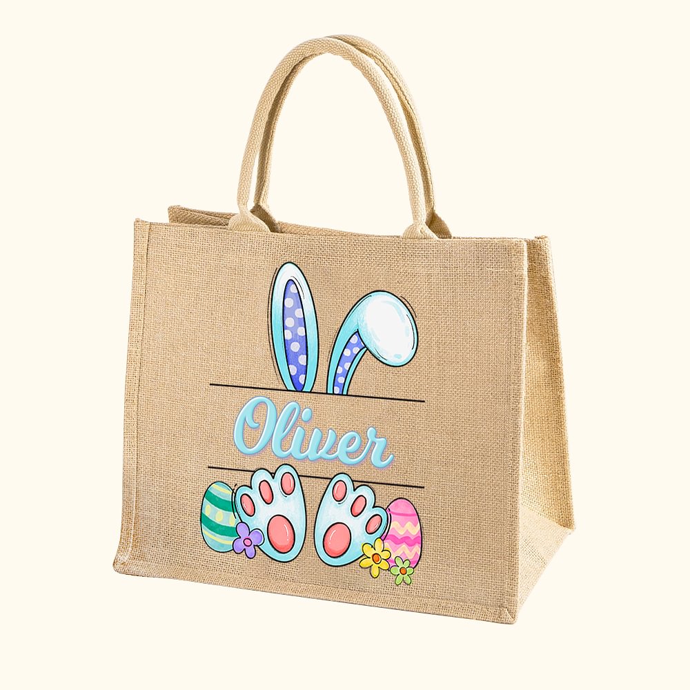 Sac en Toile de Jute Motif Lapin Sac Tote Personnalisé avec Nom Cadeau de Chasse aux Oeufs de Pâques pour Enfants