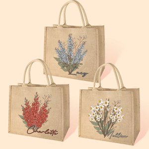 Sac en Jute Personnalisé avec Bouquet Fleur de Naissance et Nom Cadeau Anniversaire Voyage Fête des Mères pour Femme
