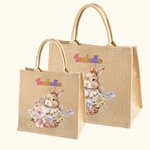 Personalized Cute Bunny Bouquet Pattern Jute Burlap Tote Bag with Name Easter Birthday Gift for Kids