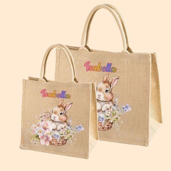Personalized Cute Bunny Bouquet Pattern Jute Burlap Tote Bag with Name Easter Birthday Gift for Kids