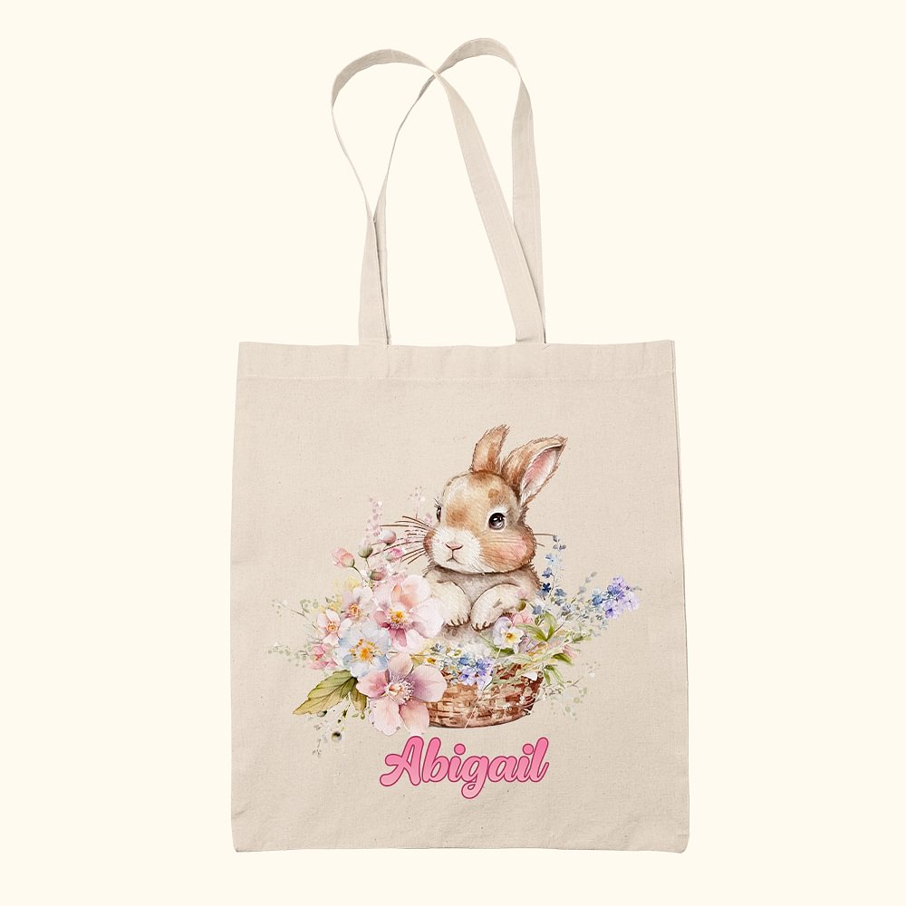 Sac en Toile à Motif Lapin et Fleurs Sac d'Épaule Personnalisé avec Nom Cadeau Anniversaire Pâques pour Enfant Femme Amis