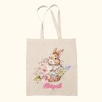 Borsa personalizzata in tela coniglietto e fiori con nome regalo di compleanno per bambini che amano i coniglietti.