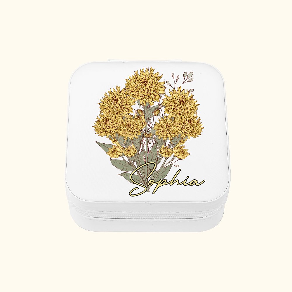 Boîte à Bijoux en Cuir PU Personnalisée avec Nom et Fleur de Naissance Accessoire de Voyage Cadeau Anniversaire pour Femme Amie Demoiselle d'Honneur
