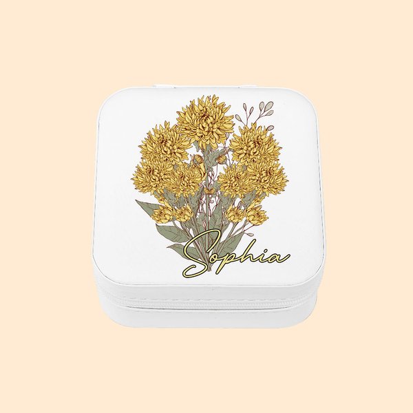 Boîte à Bijoux en Cuir PU Personnalisée avec Nom et Fleur de Naissance Accessoire de Voyage Cadeau Anniversaire pour Femme Amie Demoiselle d'Honneur