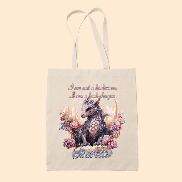 Floral Dragon Canvas Tote Bag with Name - Birthday Gift