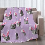 Personalized Bunny Ears Pet Photo Soft Fleece Blanket with Paw Print and Easter Eggs Multi-color Home Decor Birthday Easter Gift for Pet Lover Owner