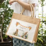 Personalized Cute Easter Garden Bunny Jute Tote Bag with Name Easter Eggs Hunting Gift for Kids