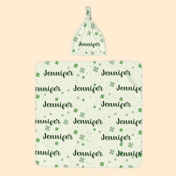 Personalized Four Leaf Clover Lucky Baby Swaddle Blanket Set with Name St. Patrick's Day Baby Shower Gift for Baby