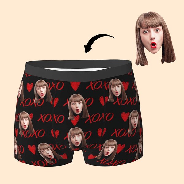 Calzoncillos personalizados XOXO Hearts con foto de cara Ropa interior masculina cómoda Divertido regalo de cumpleaños de San Valentín para él