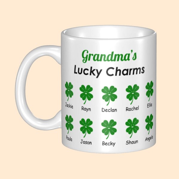 Personalisierte vierblättrige Kleeblatt 11oz/15oz Keramikbecher Kaffeetasse mit Namen St. Patrick's Day Muttertag Geschenk für Mama Oma