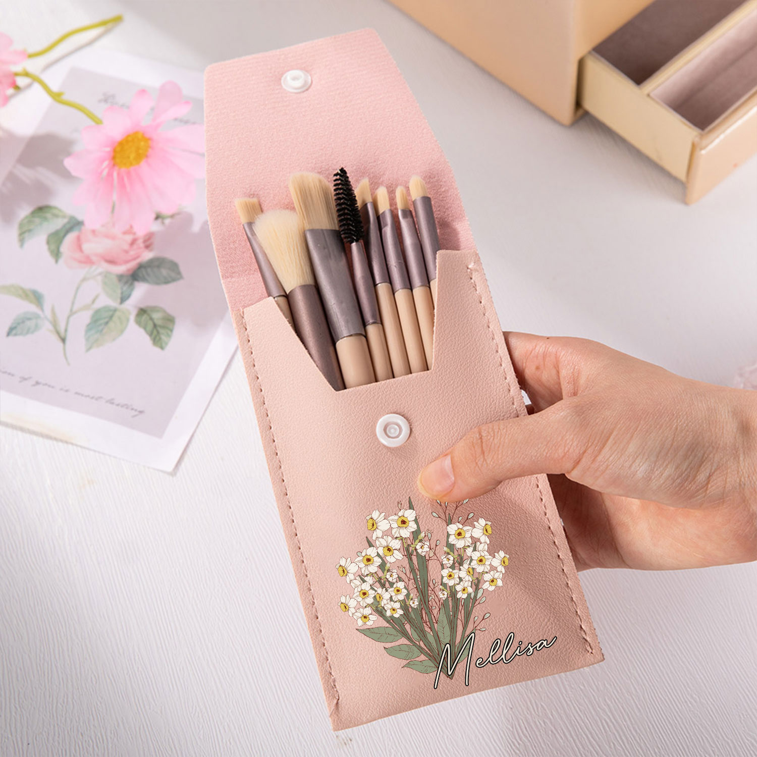 Personalisierte Make-up-Pinseltasche Mit Geburtsblume & 8 Pinseln - Reise-Kosmetiktasche