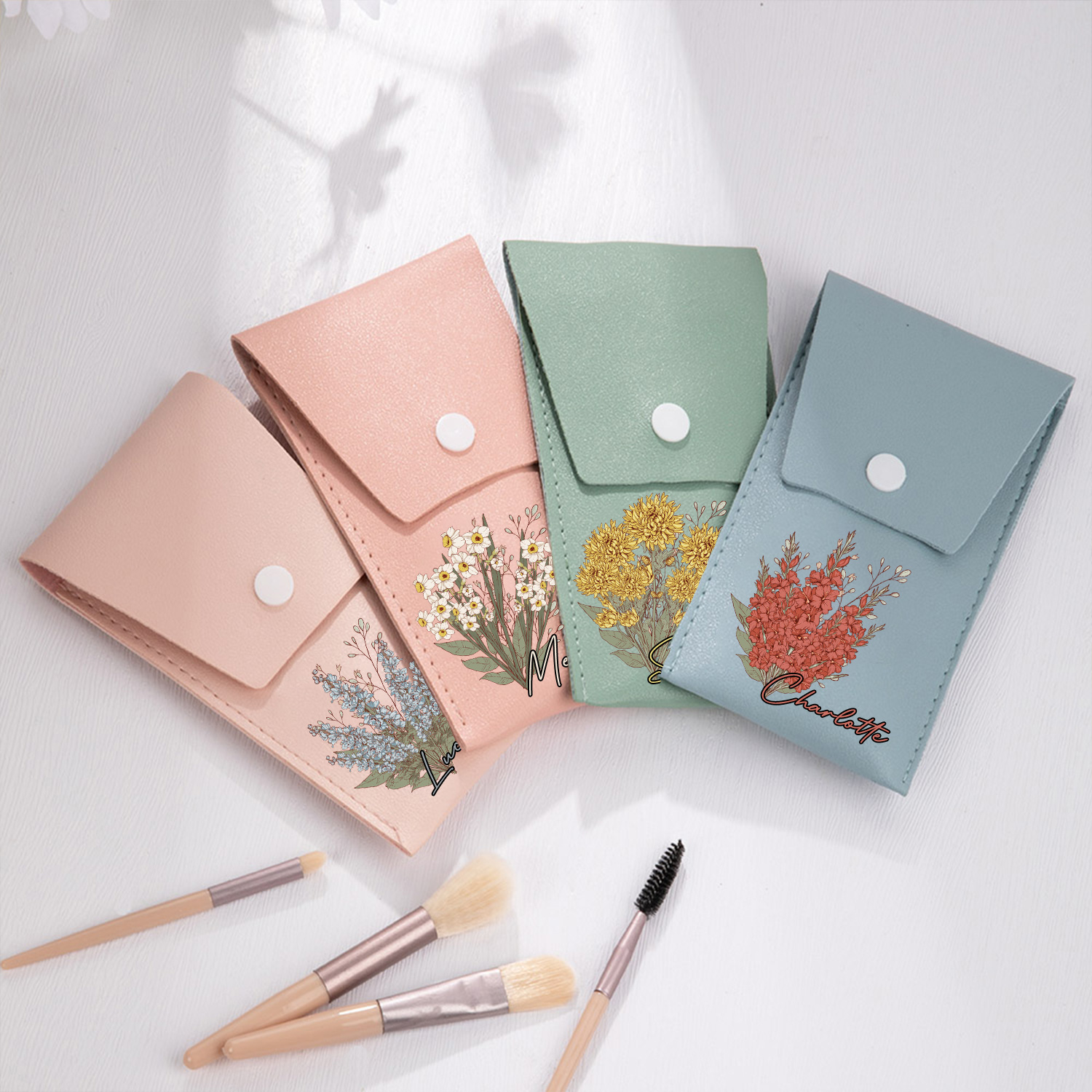 Personalisierte Make-up-Pinseltasche Mit Geburtsblume & 8 Pinseln - Reise-Kosmetiktasche