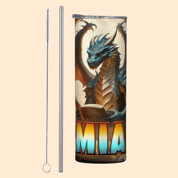Personalised Book Dragon 20oz Skinny Tumbler with Straw and Name Birthday Gift for Book Lovers Readers