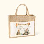 Personalized Cute Easter Garden Bunny Jute Tote Bag with Name Easter Eggs Hunting Gift for Kids