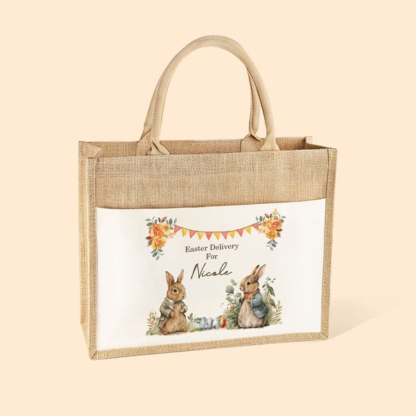 Gepersonaliseerde schattige paastas Jute met naam paaseieren jagen cadeau voor kinderen