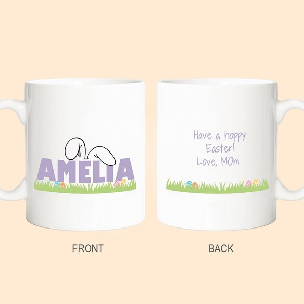 Taza de cerámica blanca personalizada con nombre Orejas de conejo de Pascua 11oz 15oz Regalo de cumpleaños de Pascua para niños