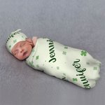 Personalized Four Leaf Clover Lucky Baby Swaddle Blanket Set with Name St. Patrick's Day Baby Shower Gift for Baby