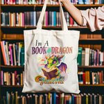 Personalisierte Ich bin ein Buch Drachen Cartoon Canvas Tragetasche mit bunten Namen Tote Bag Geburtstag Geschenk für Leser Drachenliebhaber