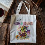 Personalisierte Ich bin ein Buch Drachen Cartoon Canvas Tragetasche mit bunten Namen Tote Bag Geburtstag Geschenk für Leser Drachenliebhaber