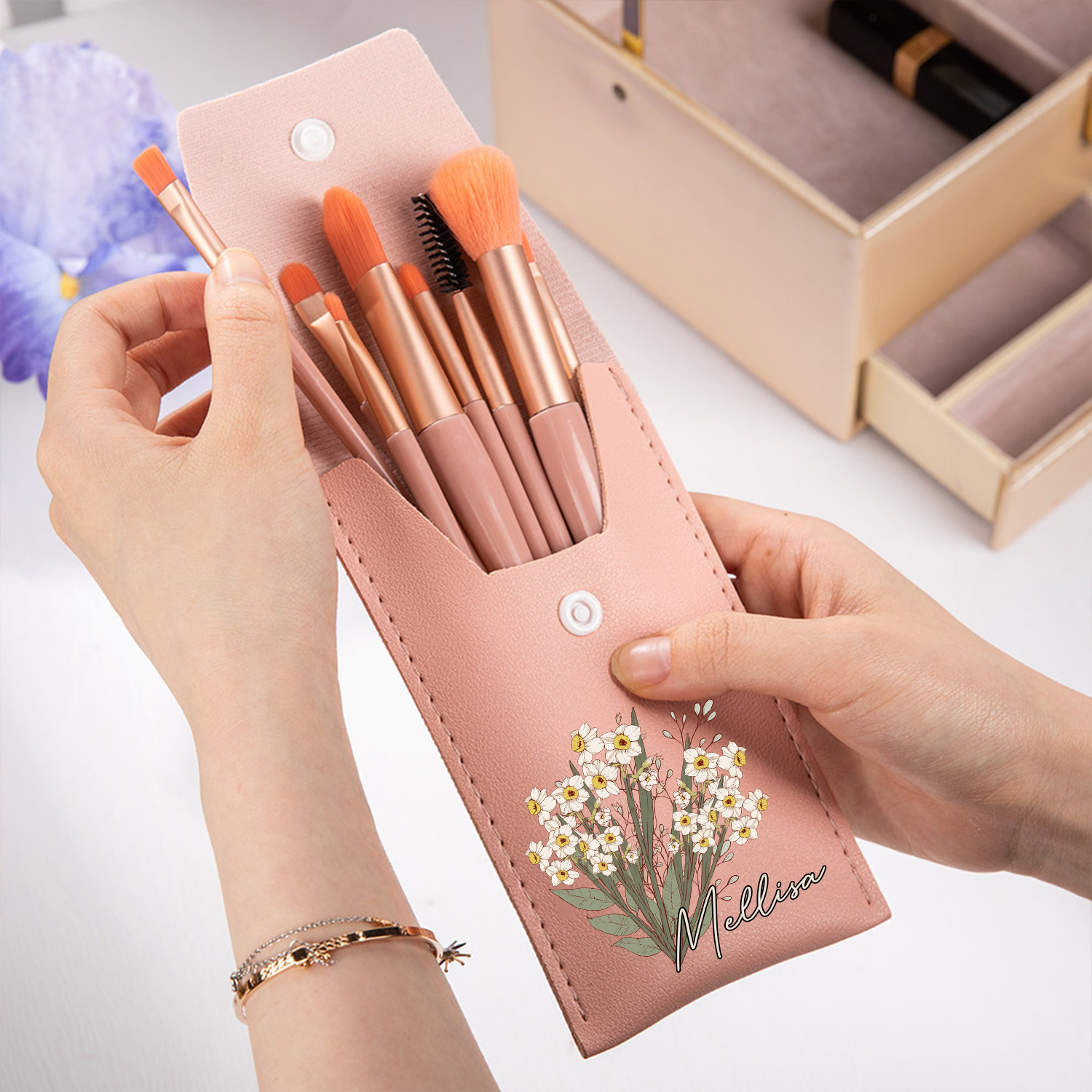 Personalisierte Make-up-Pinseltasche Mit Geburtsblume & 8 Pinseln - Reise-Kosmetiktasche
