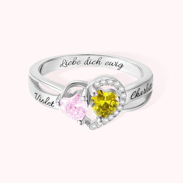 Personalisierte Versprechen Ring Doppelherz Geburtsstein mit Text Gravur Valentinstag Geschenk für Liebespaar Damen