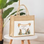 Personalized Cute Easter Garden Bunny Jute Tote Bag with Name Easter Eggs Hunting Gift for Kids