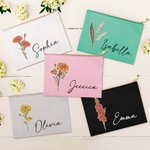 Personalizada Acuarela Línea Dibujo Nacimiento Flor Algodón Lino Cosmética Bolsa con Nombre Cumpleaños Boda Regalo para Mujeres