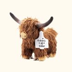 Giocattolo di peluche personalizzato Happy First Easter Brown Highland Cow con etichetta auricolare con nome Regalo di Pasqua per bambini amanti delle