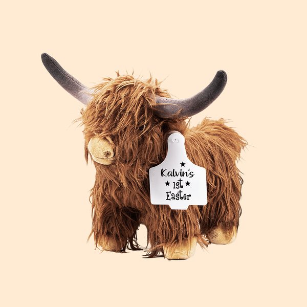 Jouet Peluche Vache Highland Personnalisé avec Nom et Étiquette Cadeau de Pâques pour Enfants Amoureux des Vaches