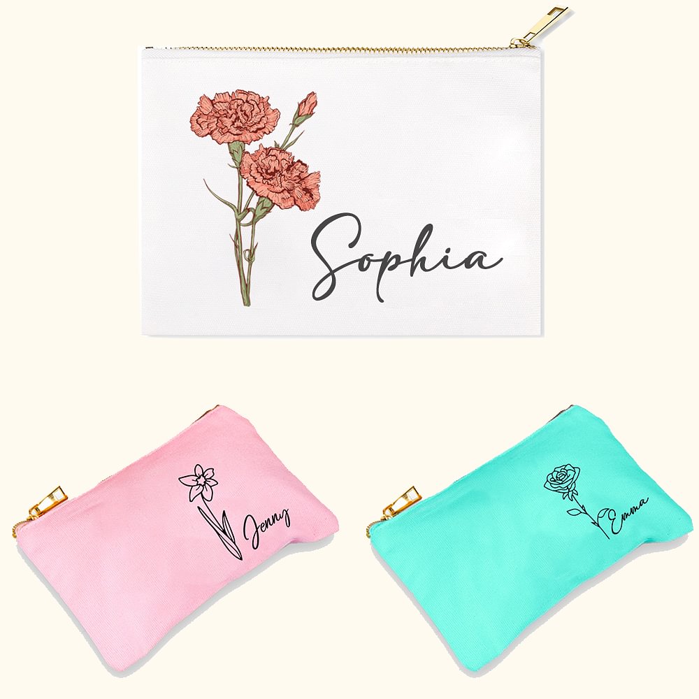 Trousse de Maquillage Personnalisée avec Nom Fleur de Naissance Sac Cosmétique en Conton et Lin Cadeau Anniversaire pour Femme