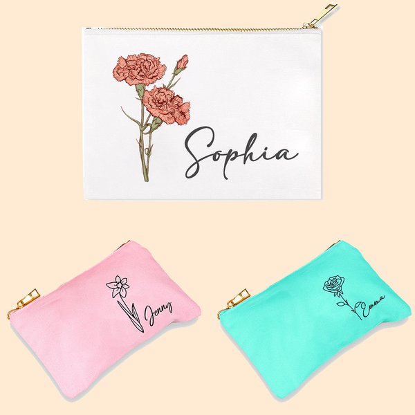 Disegno acquerellato personalizzato della linea di nascita Fiore di cotone Borsa cosmetica in lino con nome Regalo di nozze di compleanno per le donne