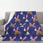 Personalized Bunny Ears Pet Photo Soft Fleece Blanket with Paw Print and Easter Eggs Multi-color Home Decor Birthday Easter Gift for Pet Lover Owner