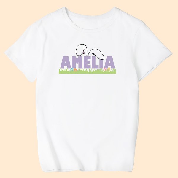 Personalized Adorable Bunny Ears White Cotton Kid T-Shirt with Name Easter Birthday Gift for Children